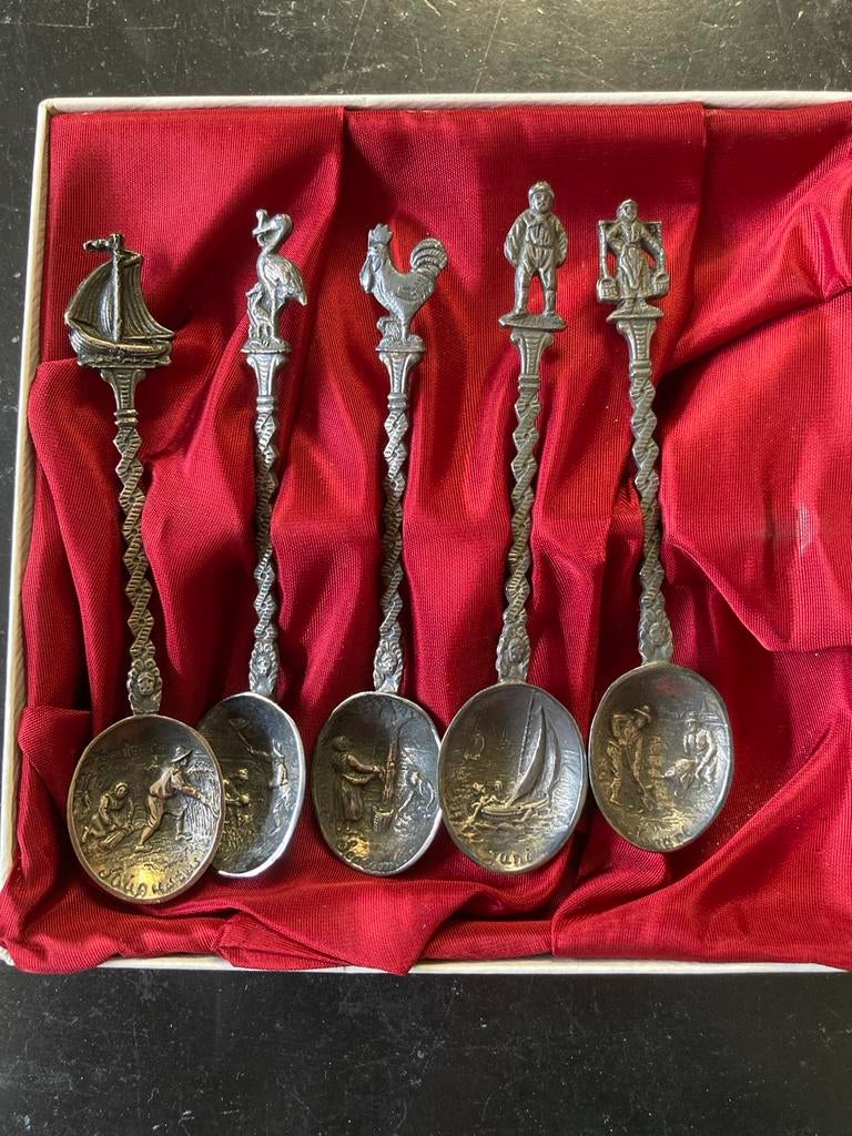 Set van 5 antieke zilveren lepels (gero) met gedraaide steel, Antiek en Kunst, Ophalen of Verzenden