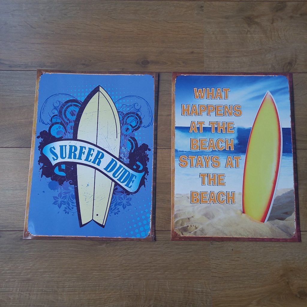 Set van 2 stoere metalen wandplaten – Strand / Surfen, Ophalen, Metaal, 30 cm, Meerkleurig
