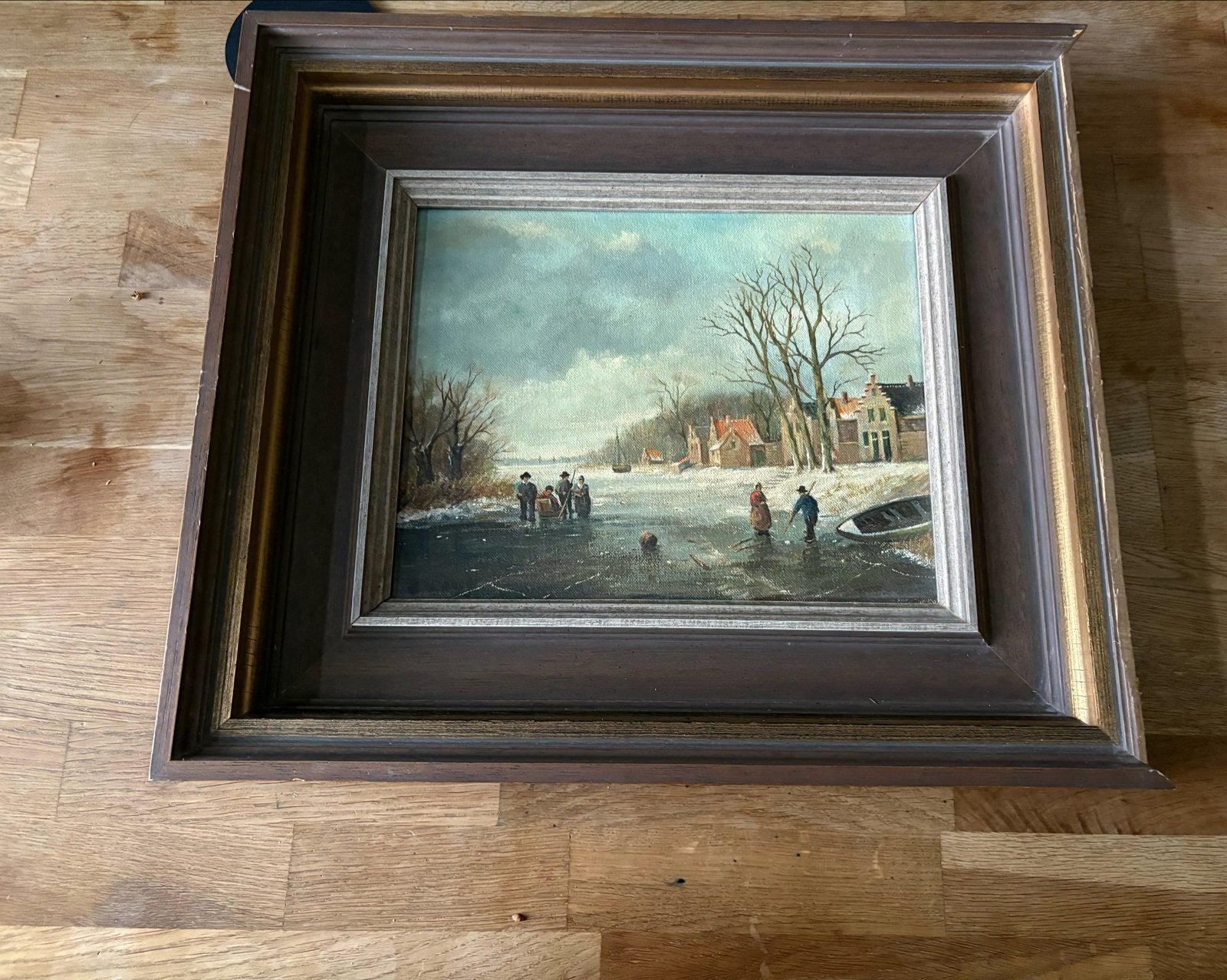 Schilderij Hollands winterlandschap met schaatsers, Antiek en Kunst, Ophalen, Doek, Landschap, Olieverf