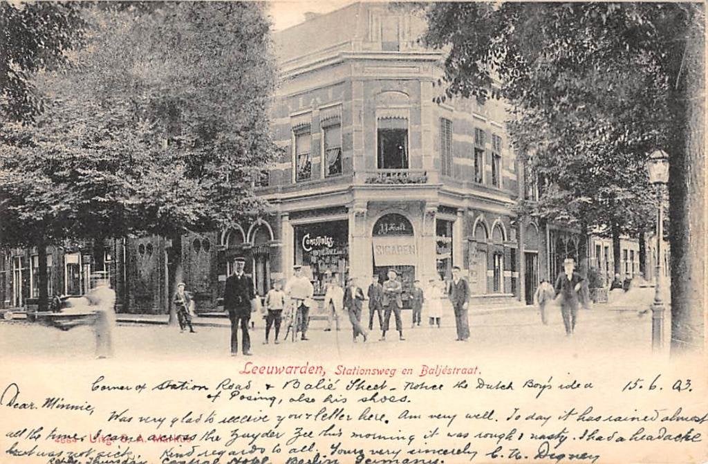Leeuwarden Stationsweg en Baljestraat 1903 Sigaren winkel, Verzenden, Voor 1920, Gelopen, Friesland