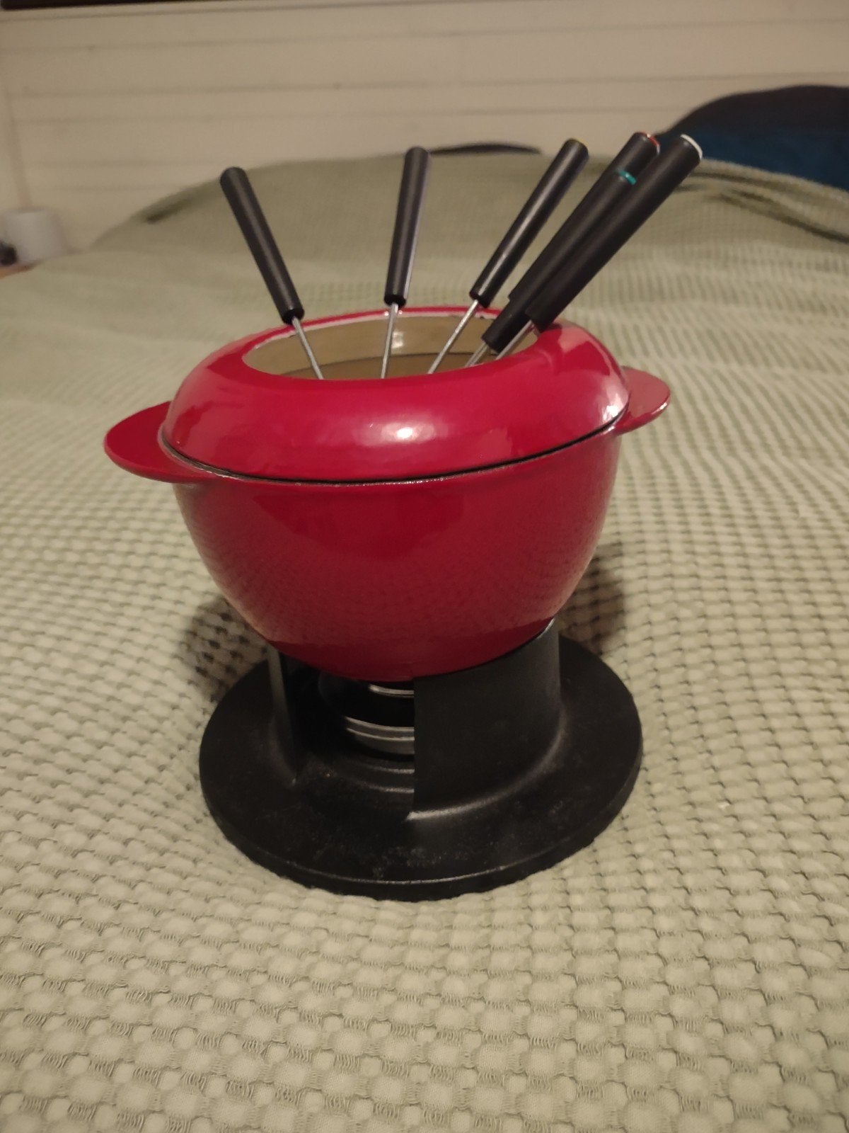 Vintage Taylor & NG geëmailleerde gietijzeren fondueset, Ophalen of Verzenden, Zo goed als nieuw, Brander, Fondueset