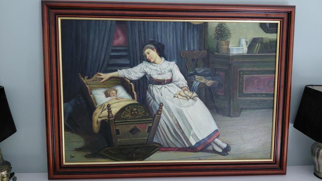 Schilderij uit 1900 met omlijsting - Moeder en kind, Antiek en Kunst, Ophalen of Verzenden