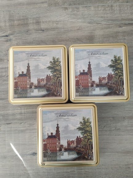 Vierkante blikken met opdruk motief Amsterdam ( 3 stuks ), Ophalen of Verzenden, Gebruikt, Overige