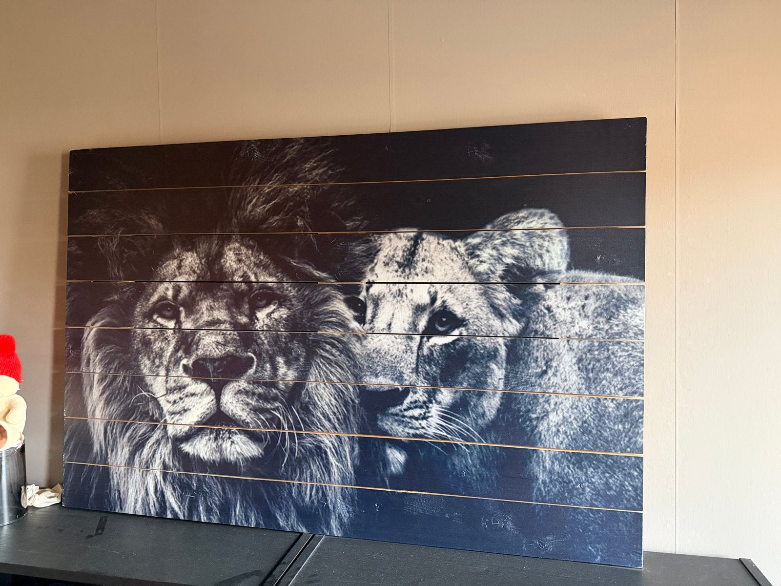 Schilderij leeuw en leeuwin (120x80 cm), Huis en Inrichting, Ophalen, Zo goed als nieuw, 100 tot 125 cm, Foto of Poster