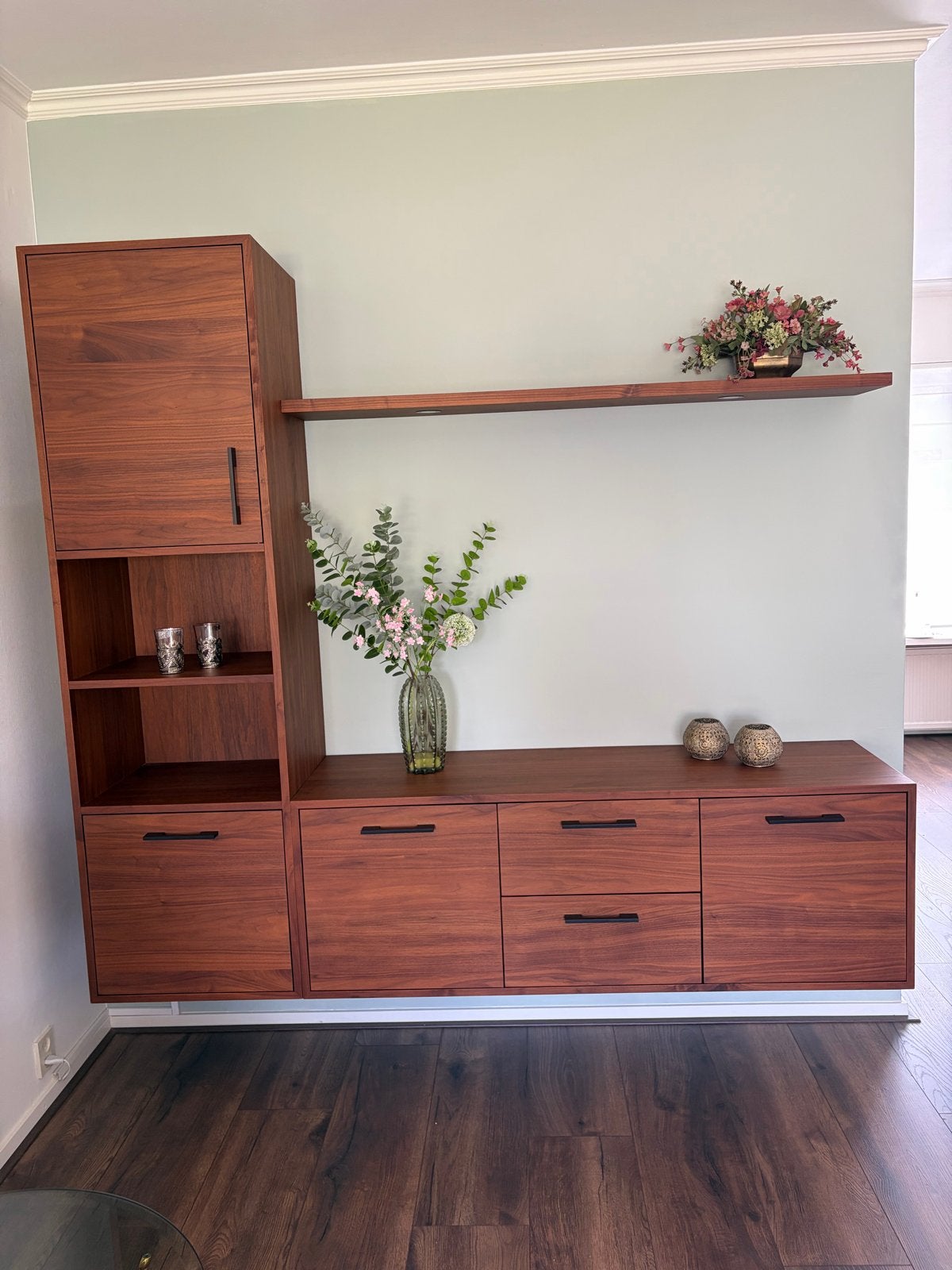 Moderne wandmeubelset van donker hout, Ophalen, 150 tot 200 cm, Zo goed als nieuw, 150 tot 200 cm