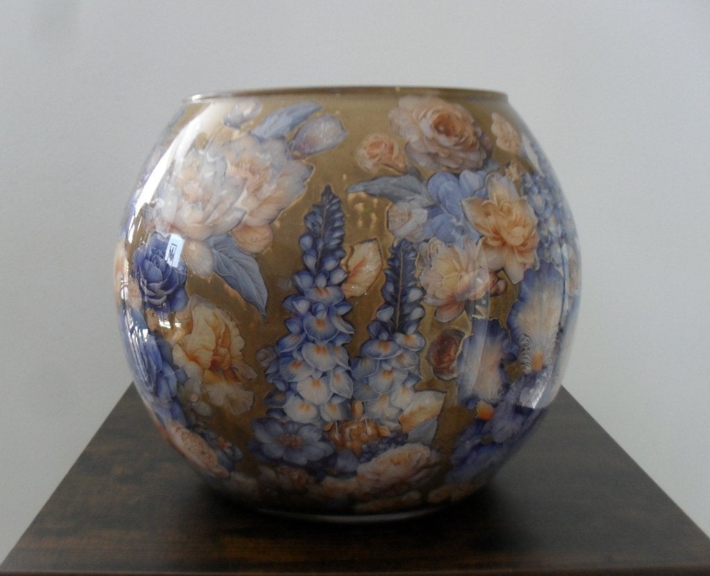 22 grote bol vaas goud/blauw/creme, Ophalen, 21 cm, Overige kleuren, Handgemaakt