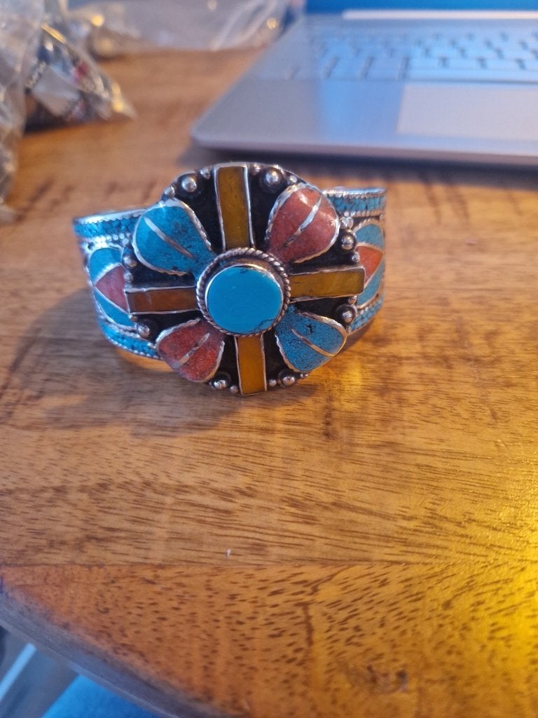 Tibetaanse armband, bloem van koraal/turquoise/amber, Ophalen of Verzenden, Zilver, Armband, Met edelsteen