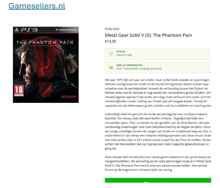 Nieuw PS3 Spel - Metal Gear Solid V: The Phantom Pain, Avontuur en Actie, Vanaf 18 jaar, 1 speler, Nieuw