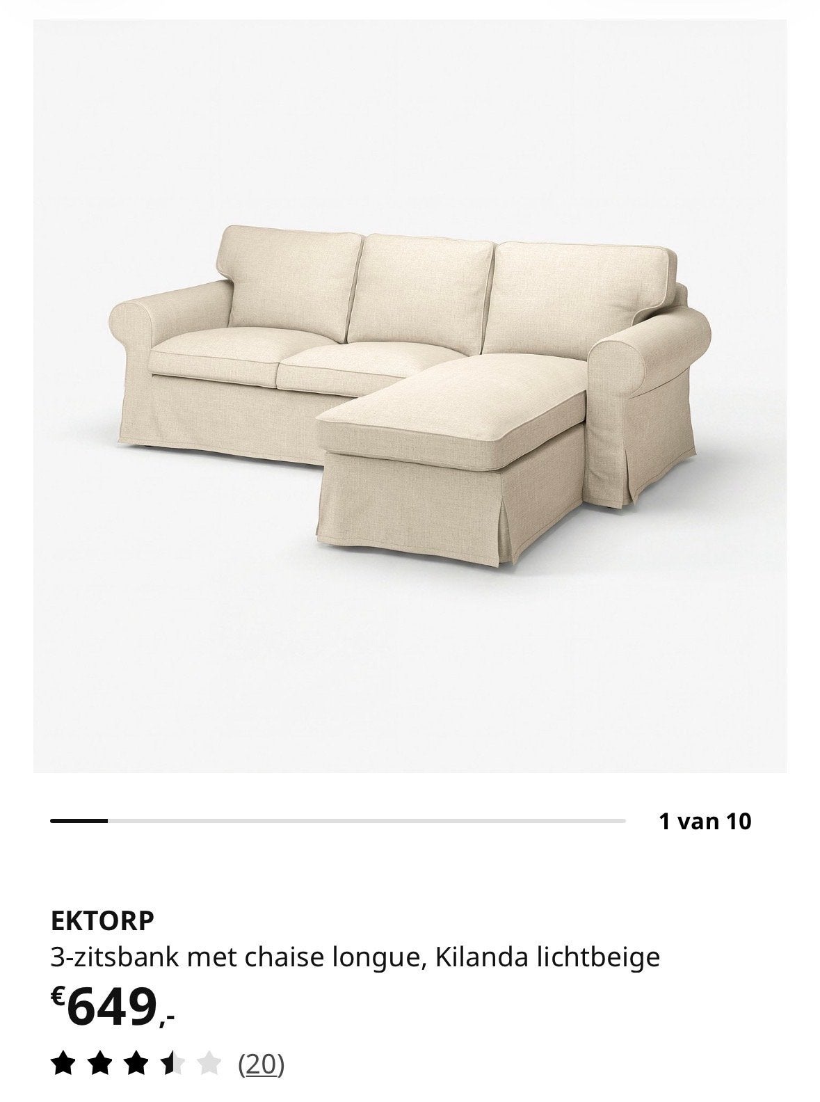 GRATIS IKEA EKTORP 3-zitsbank met chaise longue, lichtbeige, Ophalen, Driepersoons, Zo goed als nieuw, 200 tot 250 cm