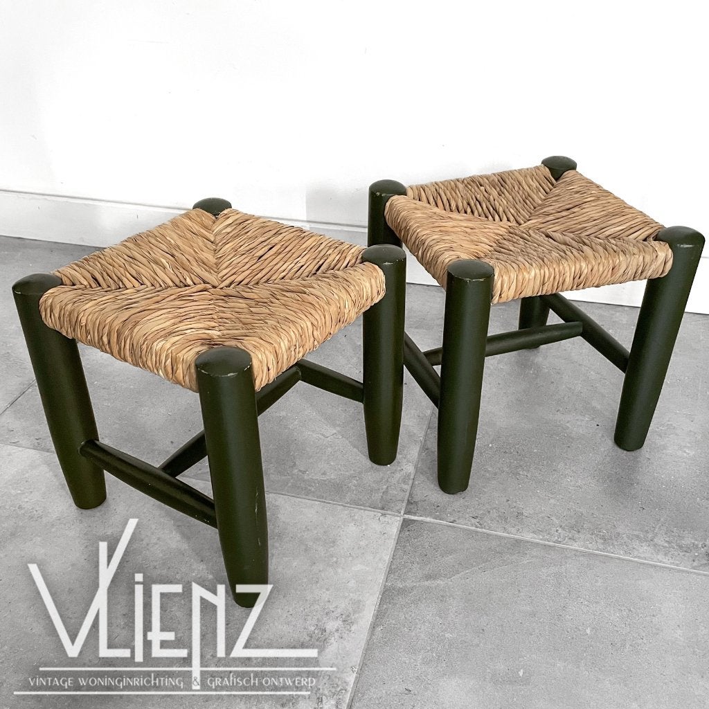 Vintage, retro krukjes hout en biezen zitting, per stuk, Gebruikt, -, -, Ophalen of Verzenden