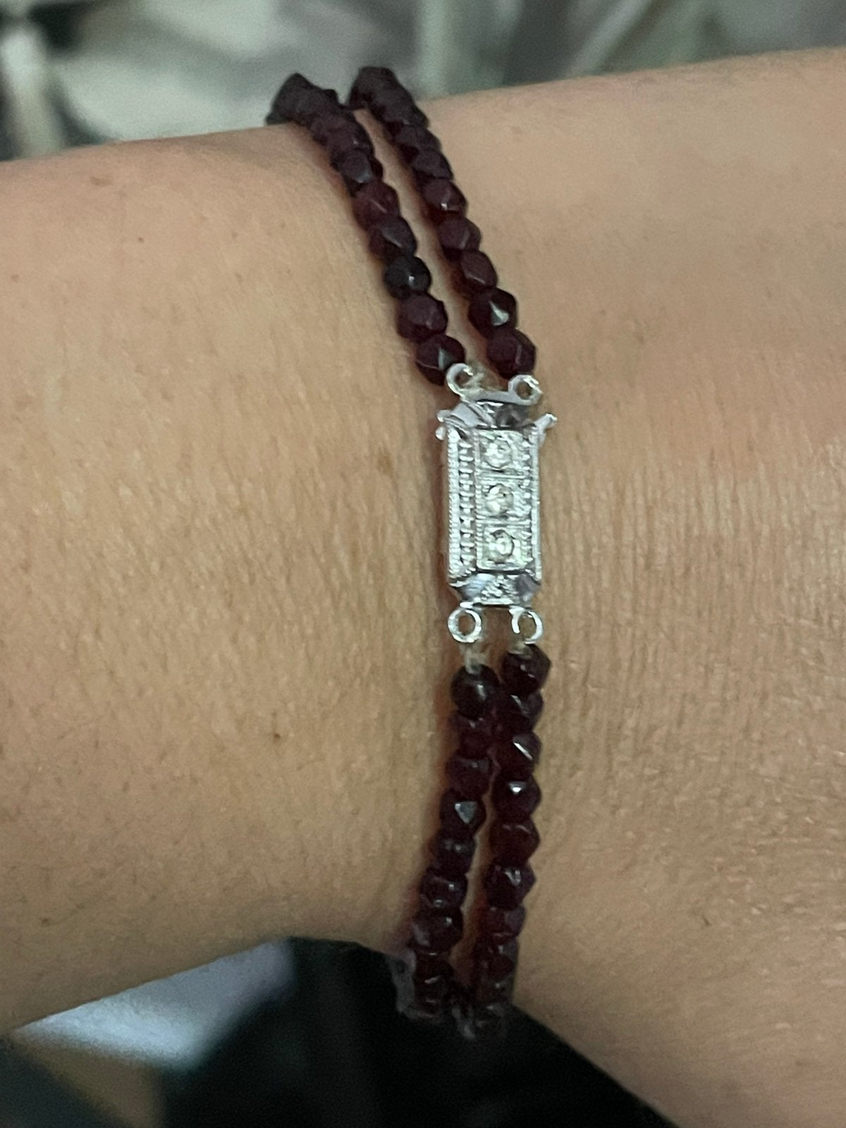 antieke 2rijige granaat armband met zilveren slot, Ophalen of Verzenden, Zilver, Armband