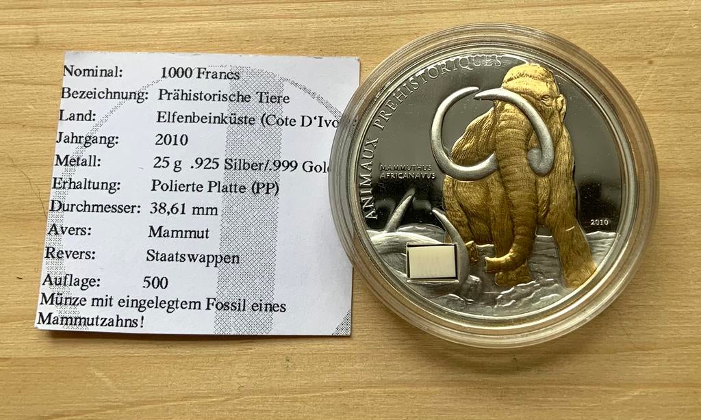 Ivoorkust 1000 Francs 2010 Proof zilver goud mammoet fossiel, Postzegels en Munten, Munten | Afrika, Overige landen, Zilver, Ophalen of Verzenden