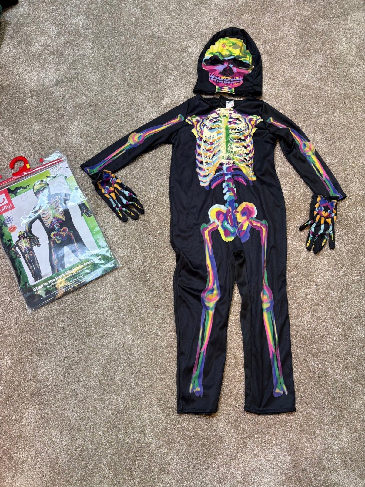 Halloween neon skelet compleet kostuum 4/6 jaar, Ophalen of Verzenden, Gebruikt, Jongen of Meisje