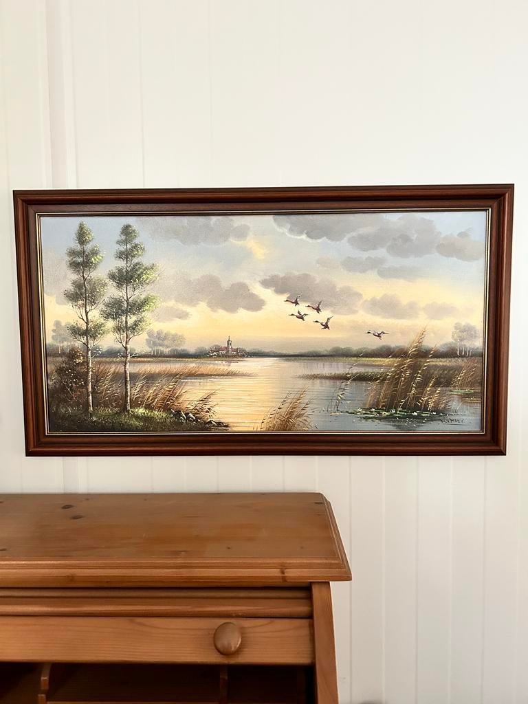 Schilderij landschap met water en vogels, Antiek en Kunst, Ophalen