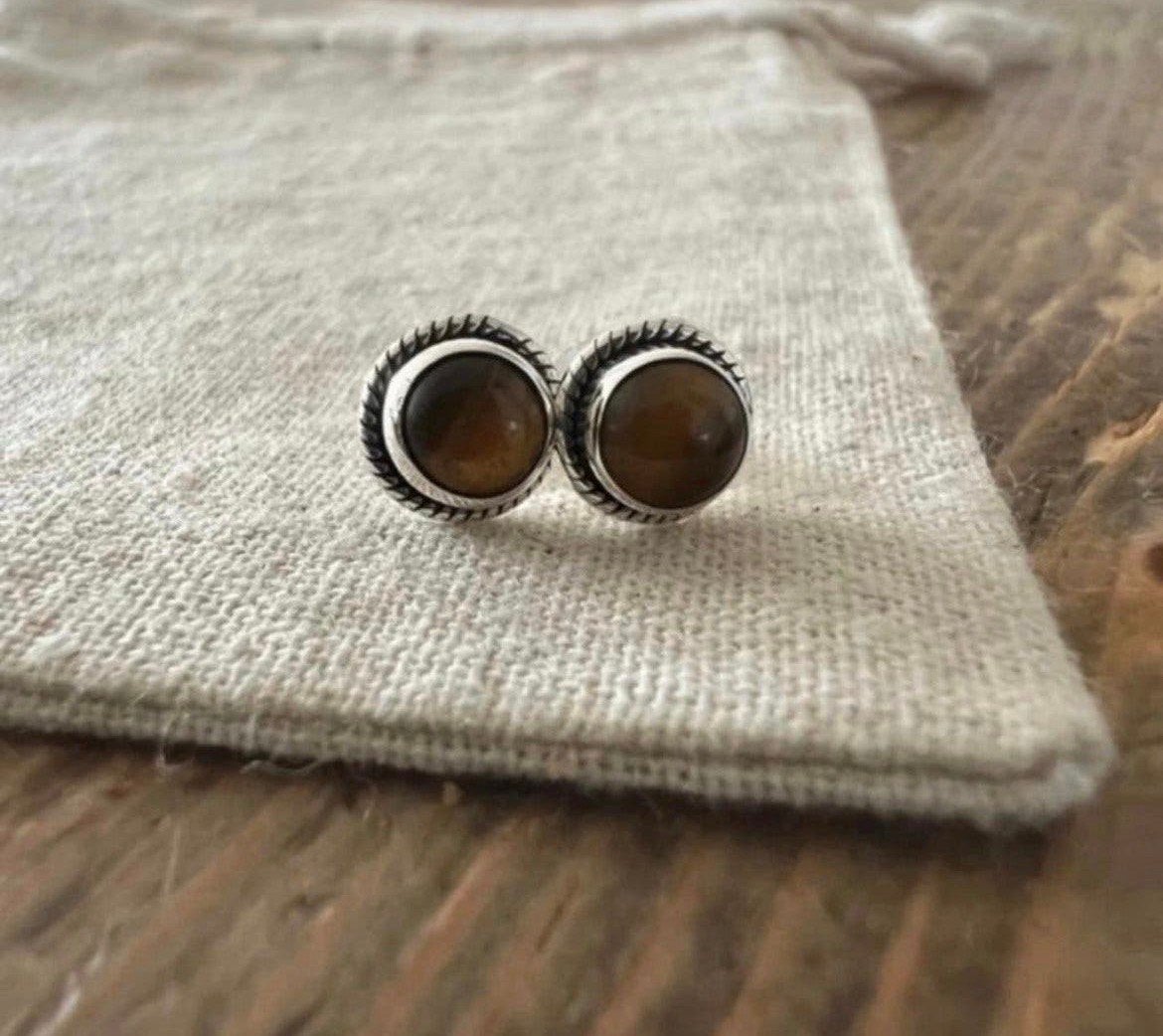 Zilveren 925 oorbellen met echte tijger oog stenen 5mm, Verzenden, Zo goed als nieuw, Zilver
