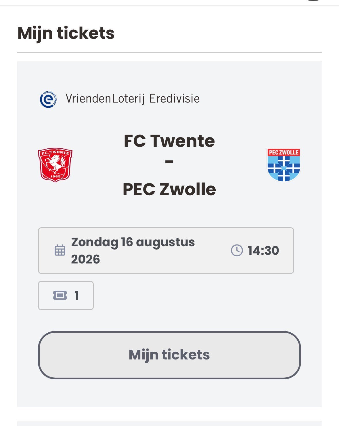 1 ticket FC Twente - PEC in vak 318, Tickets en Kaartjes, Sport | Voetbal, Losse kaart, Eén persoon, Augustus