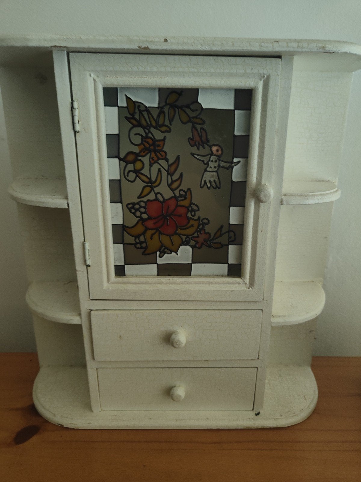 Schattig klein houten kastje met lades en glas-in-lood, Hout, Gebruikt, Ophalen of Verzenden, Landelijk