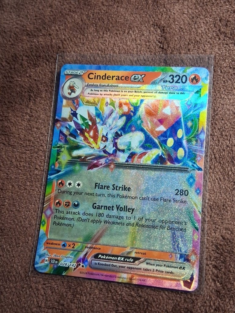Pokémon kaart Cinderace ex - Stellar Crown - 028/142, Ophalen of Verzenden, Zo goed als nieuw, Losse kaart, Foil