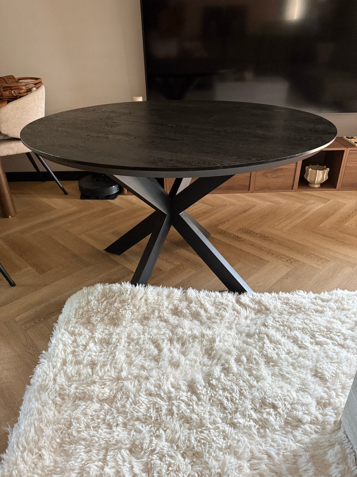 Zwarte ronde eettafel met stalen onderstel (Ø 130 cm), Ophalen, Gebruikt, 100 tot 150 cm, Rond