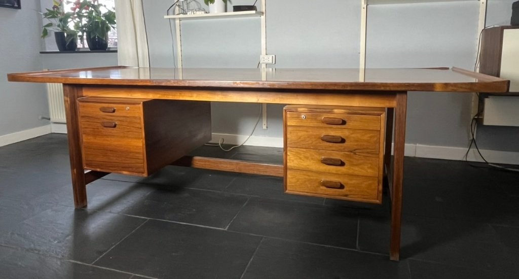Groot vintage directiebureau Sigurd Hansen jaren 60, Huis en Inrichting, Bureaus, Ophalen, 90 cm, Hout, Vintage