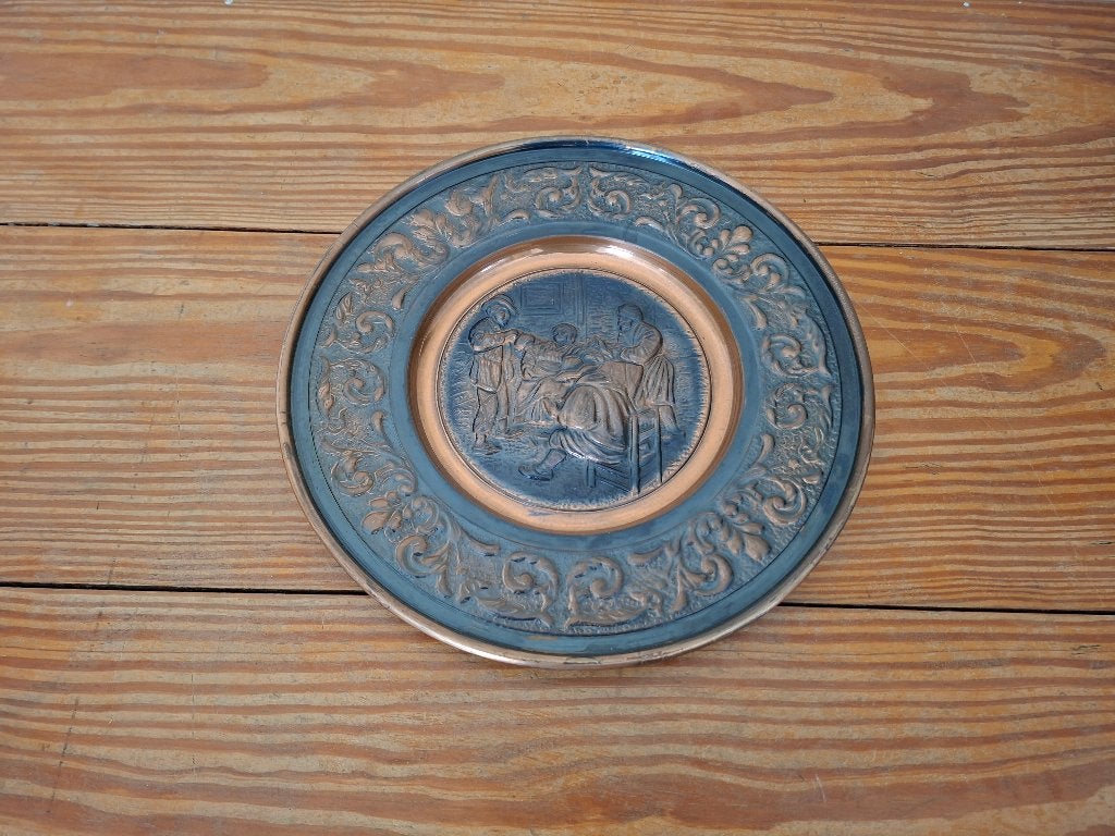 Koperen gehamerde wandschotel wandplaat, Antiek en Kunst, Ophalen of Verzenden, Koper