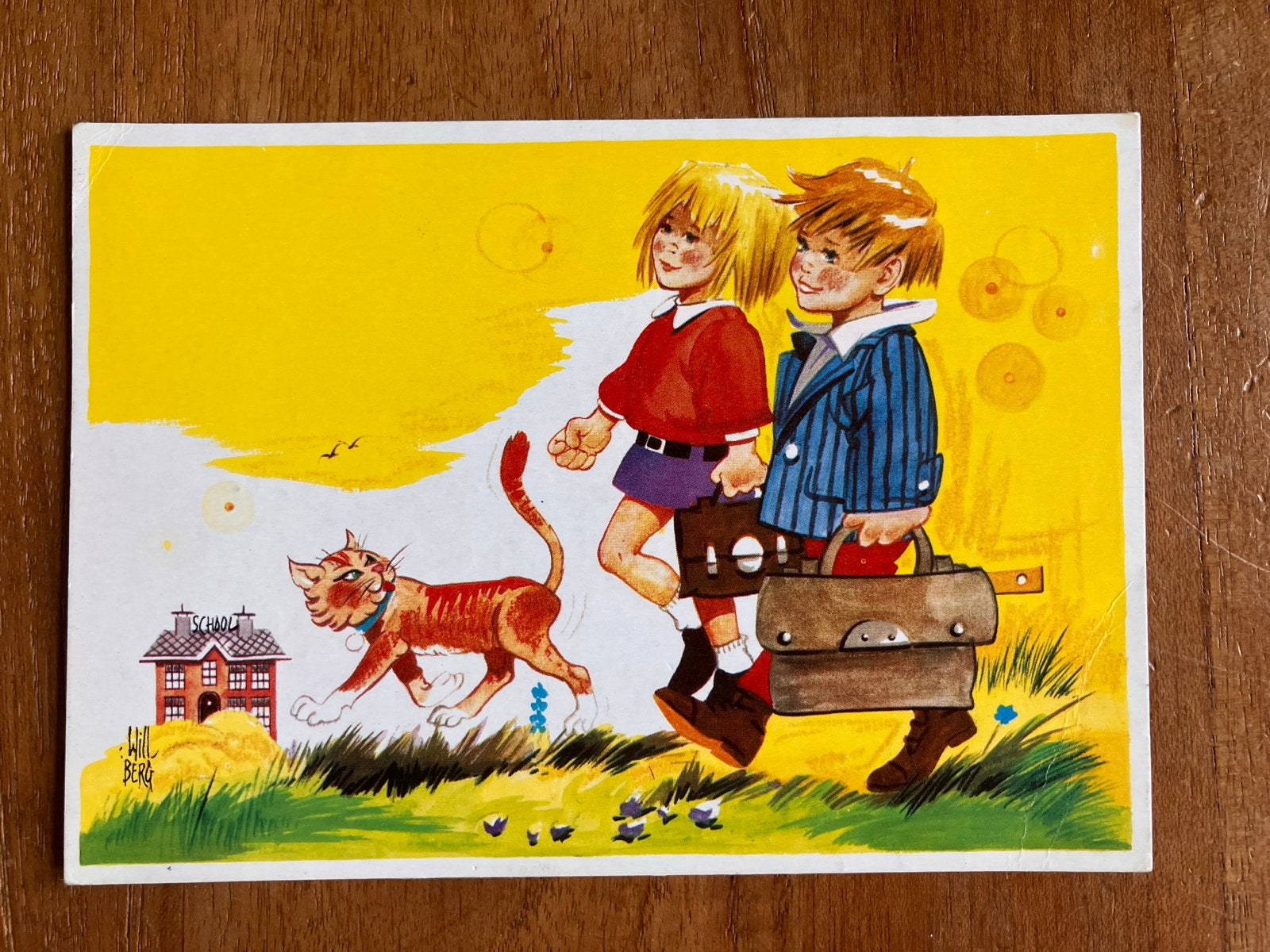 Will Berg - Kinderen met Kat op weg naar School 1979, Ophalen of Verzenden, 1960 tot 1980, Gelopen, Kinderen