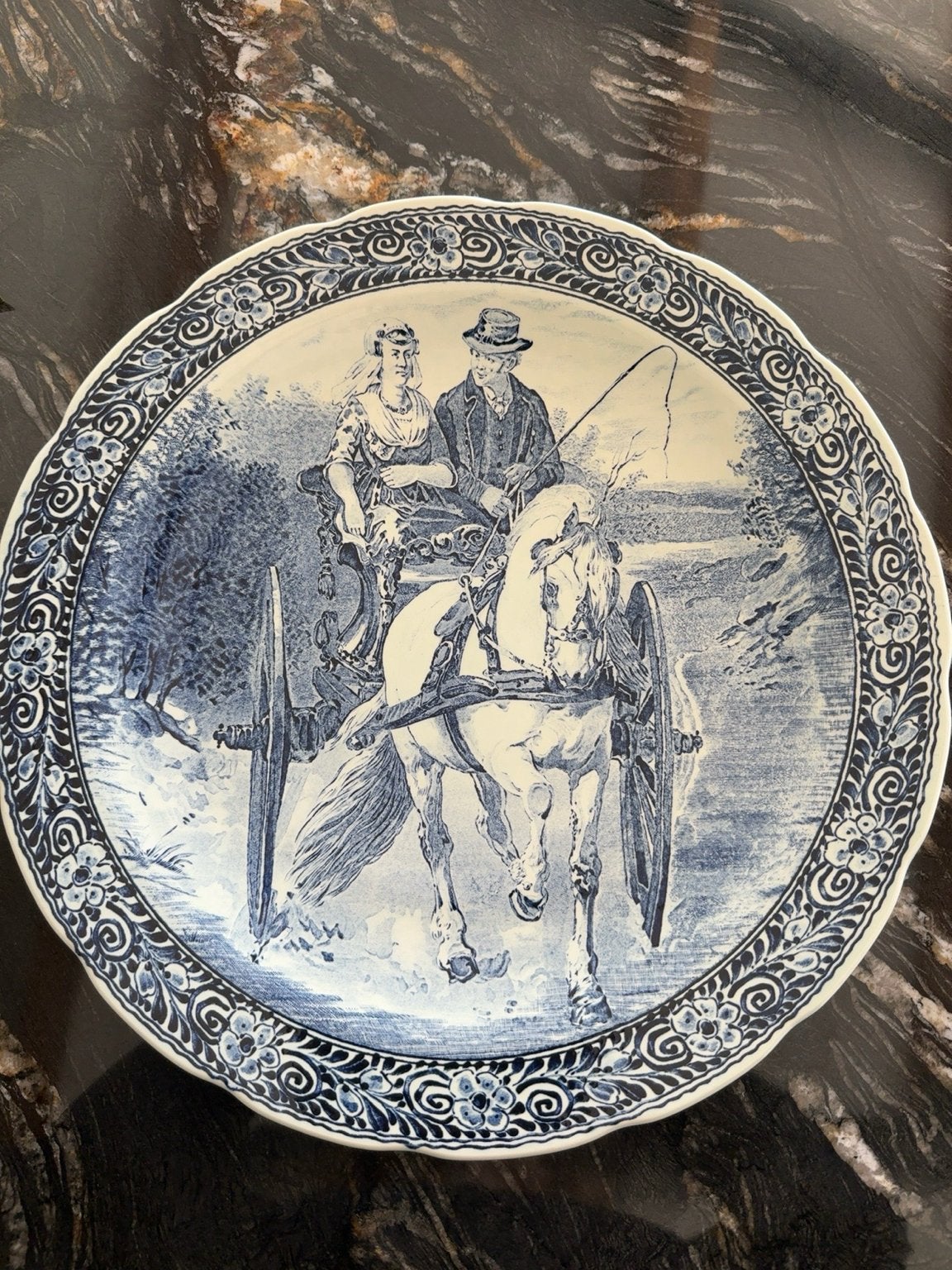 Boch Belgium Delfts Blauw Wandbord - Koets met Paard, Ophalen of Verzenden