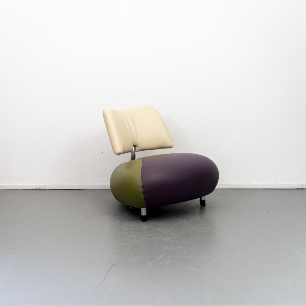 1x Leolux Pallone Fauteuil Paars/Groen/Wit - Chroom, Huis en Inrichting, Fauteuils, Zo goed als nieuw, Leer, Metaal, 75 tot 100 cm
