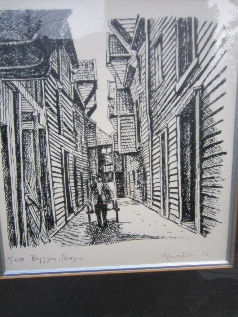 NOORWEGEN, Houtsnede, Bergen, Bruggen, straatje, Antiek en Kunst, Kunst | Litho's en Zeefdrukken, Ophalen of Verzenden