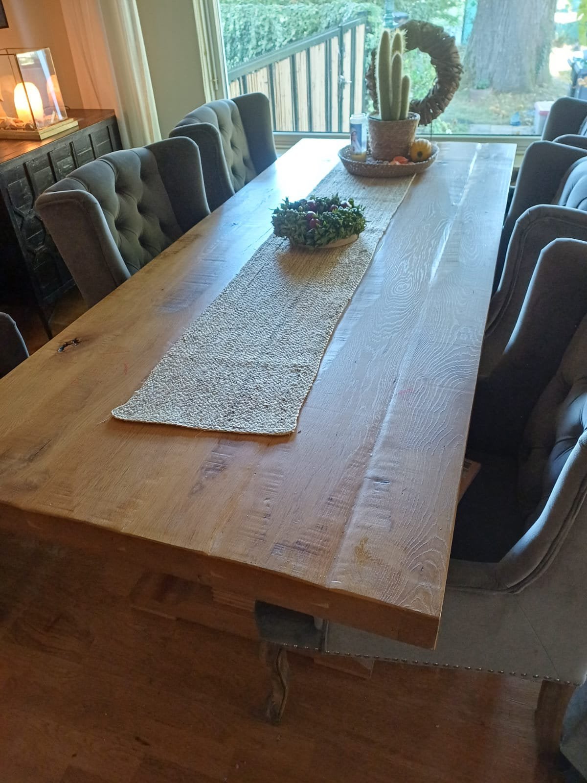 MOET WEG! Landelijke eiken kloostertafel met 6 stoelen, Ophalen, Gebruikt, Landelijk, 4 tot 6 stoelen