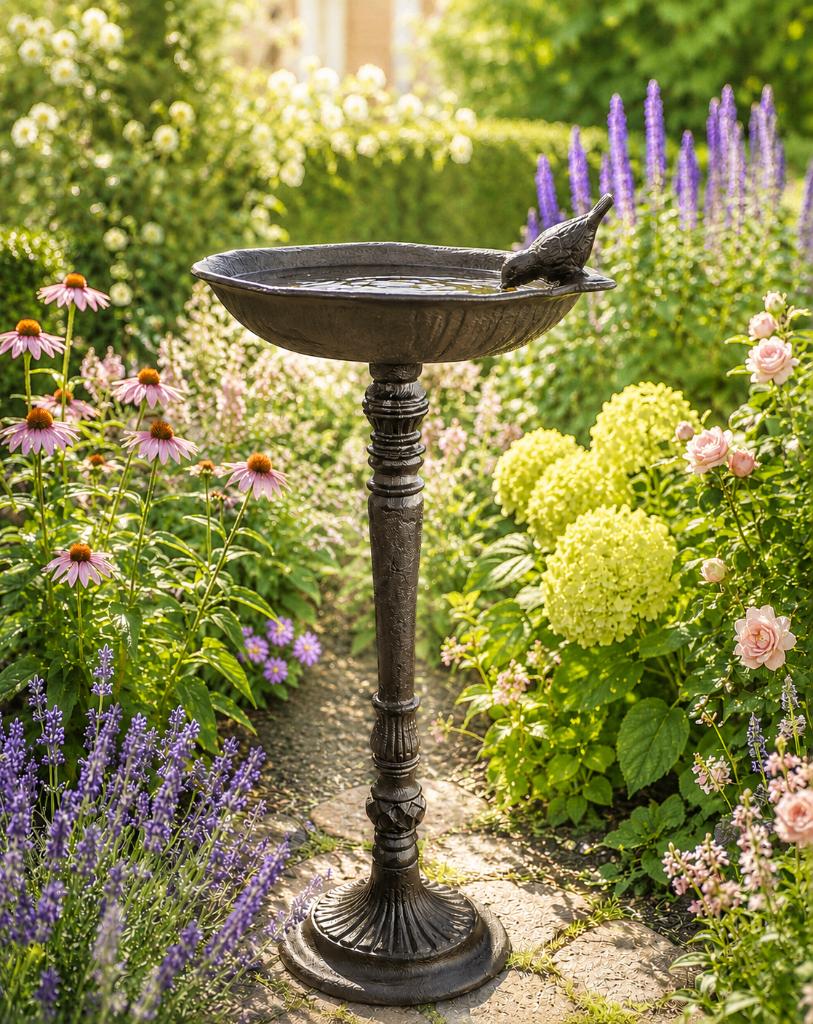 VOGELDRINKSCHAAL OP VOET/DRINKSCHAAL /gietijzer / 59 cm hoog