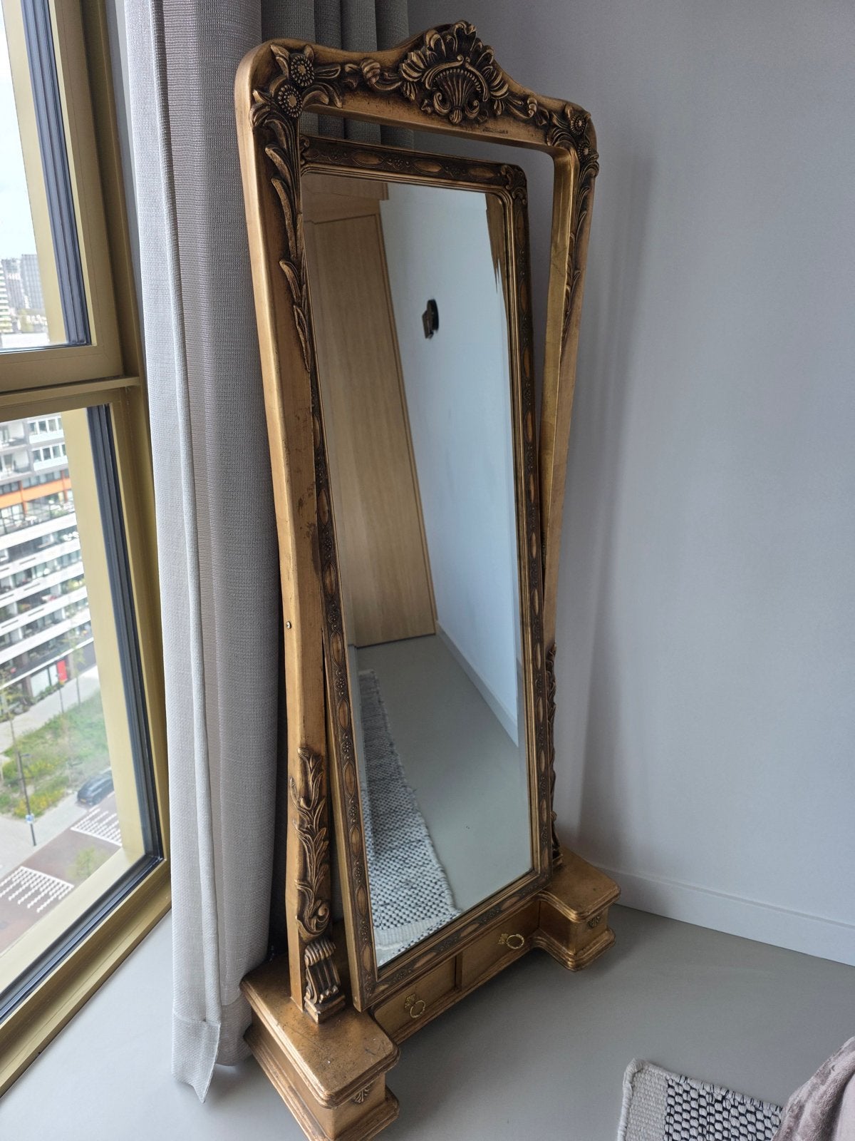 Gouden Barok Spiegel met Lade - Groot Formaat, Antiek en Kunst, Ophalen, Rechthoekig, 50 tot 100 cm, 200 cm of meer