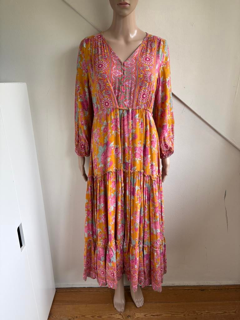 Bindi boho maxi jurk maat S / M oranje roze bloemen ibiza, Maat 38/40 (M), Ophalen of Verzenden, Zo goed als nieuw, Roze