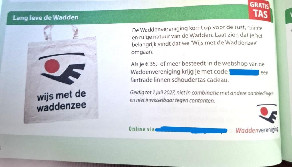 Wijs met de Waddenzee tas (code voor gratis tas ), Tickets en Kaartjes, Eén persoon, Kortingsbon, Warenhuis- of Winkelbon