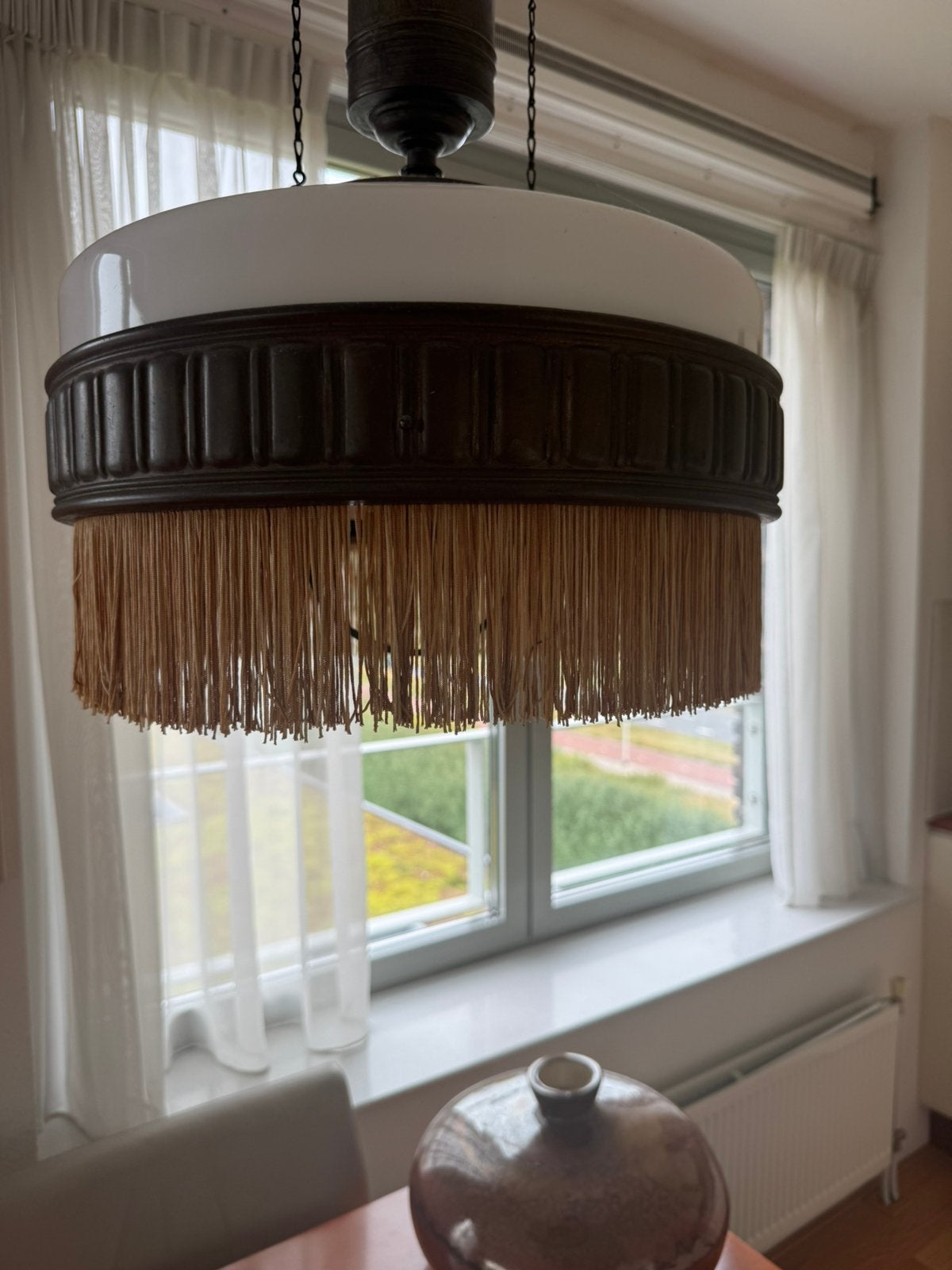 Antieke trekpendel hanglamp met opaalglas en franjes 100 cm, Antiek en Kunst, Ophalen