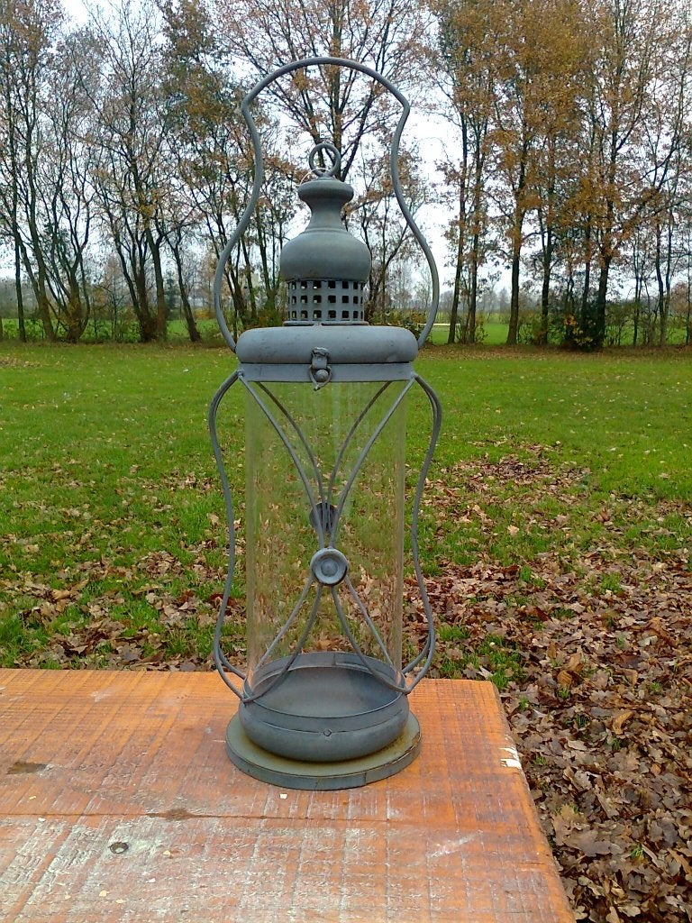 Mooie, ronde Lantaarn, grijs metaal, glas, Ophalen of Verzenden, Nieuw, Grijs, Metaal