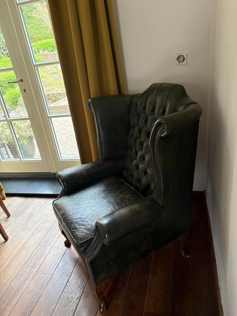Chesterfield fauteuil groen, Ophalen, Gebruikt, Leer, 75 tot 100 cm