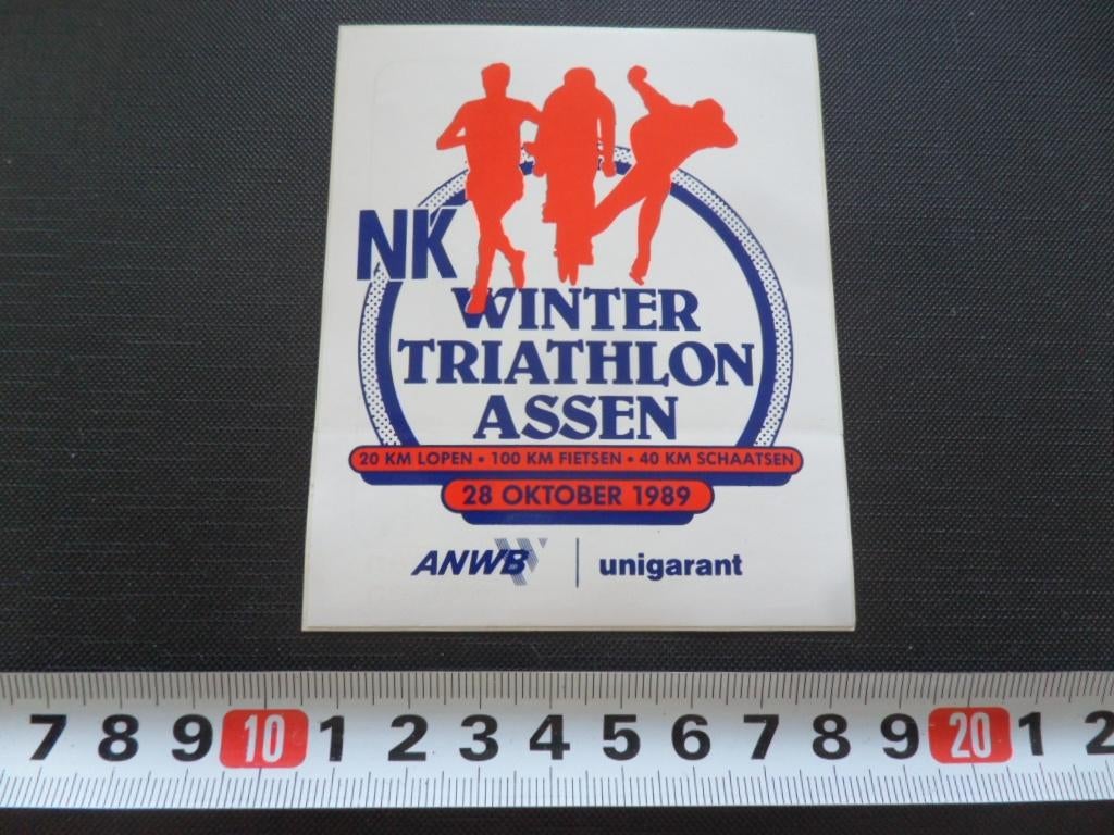 sticker Assen NK Winter Triathlon  1989 ANWB UNIGARANT, Ophalen, Zo goed als nieuw