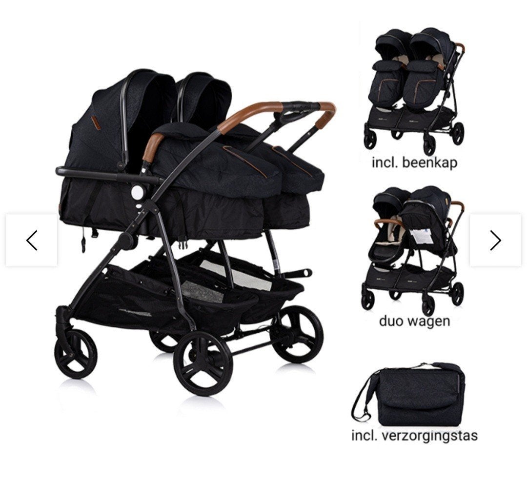 Duowagen zwart/bruin met 2 ligbakken (nieuw) + luiertas, Kinderen en Baby's, Kinderwagens en Combinaties, Zo goed als nieuw, Ophalen