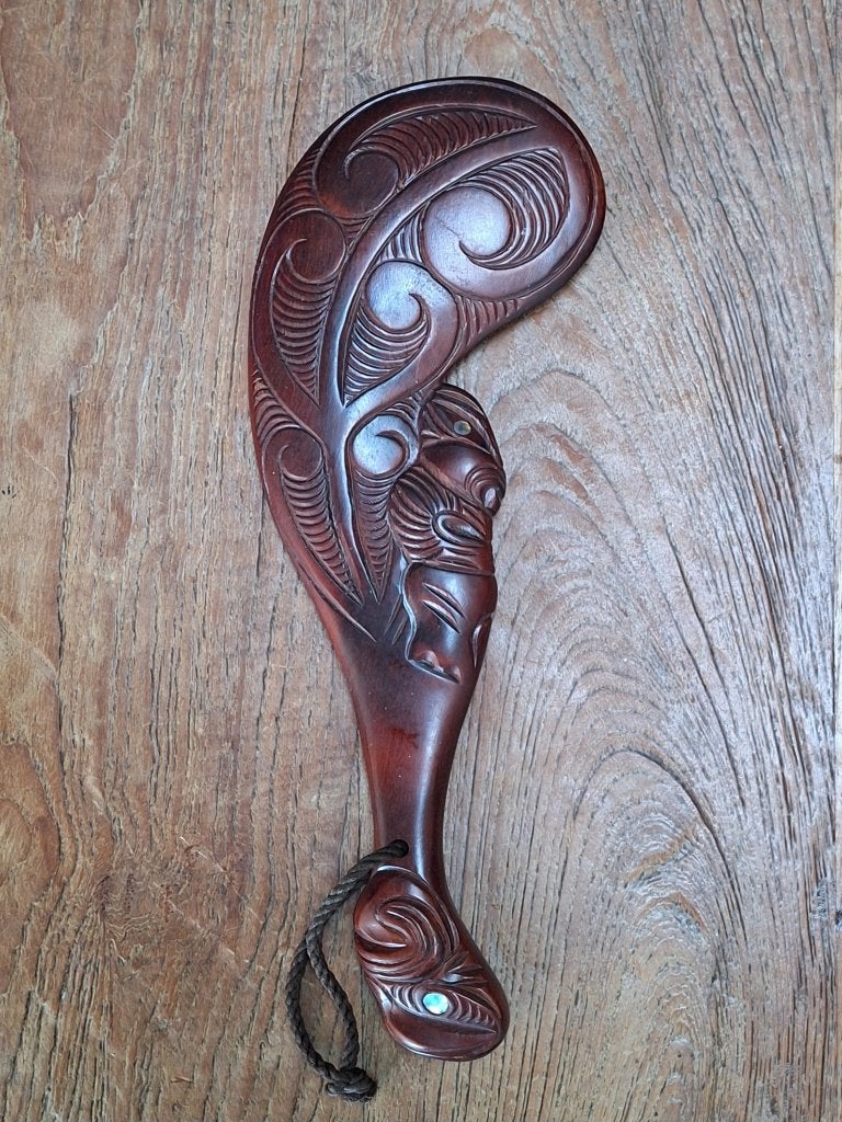vintage houten Maori Wahaika war-club houtsnijwerk parelmoer, Ophalen of Verzenden