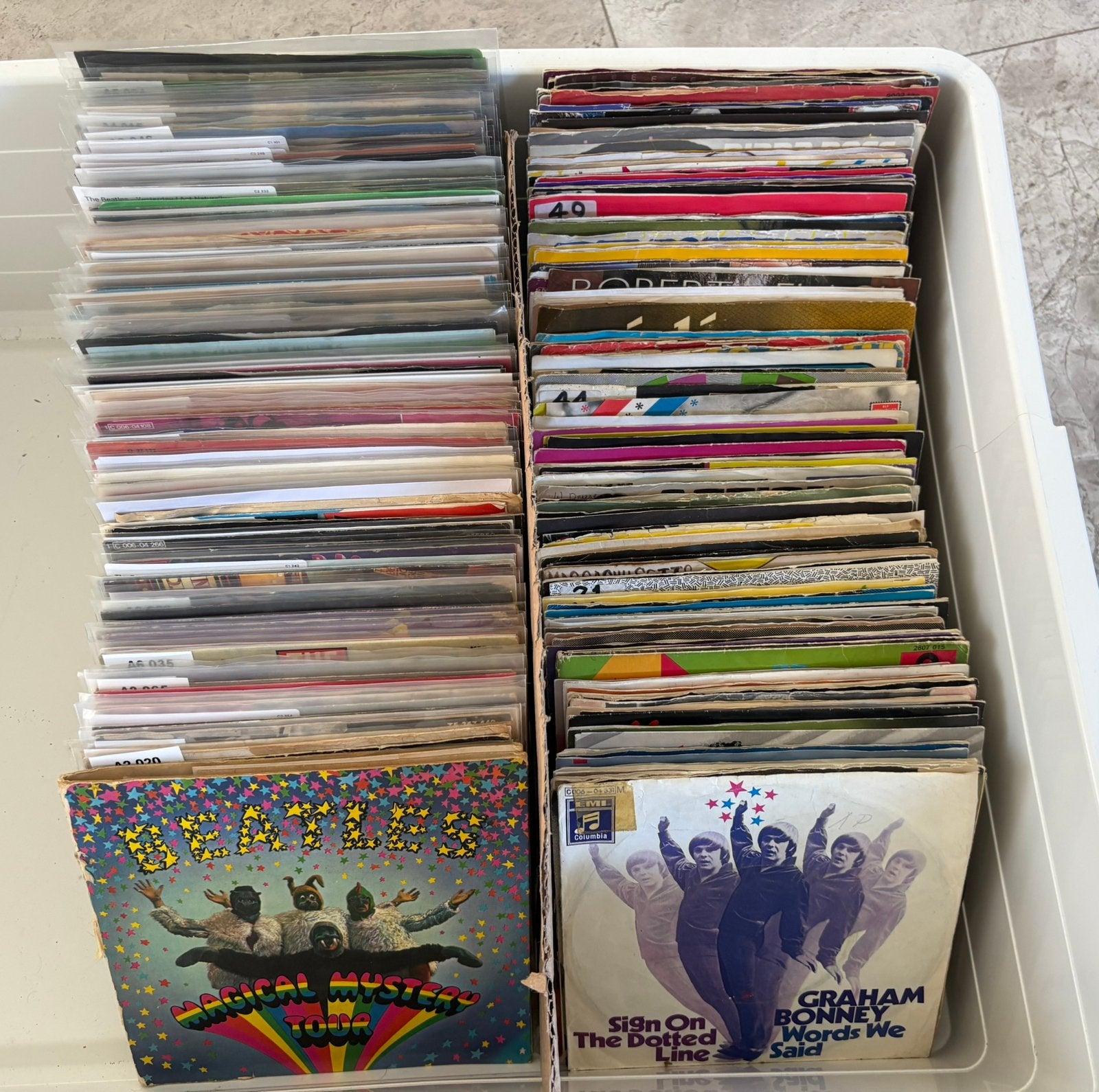 TOPPARTIJ! Circa 250 Singles & EP’s – Beatles, Bowie, Elvis, Cd's en Dvd's, Vinyl | Verzamelalbums, Ophalen of Verzenden, Zo goed als nieuw