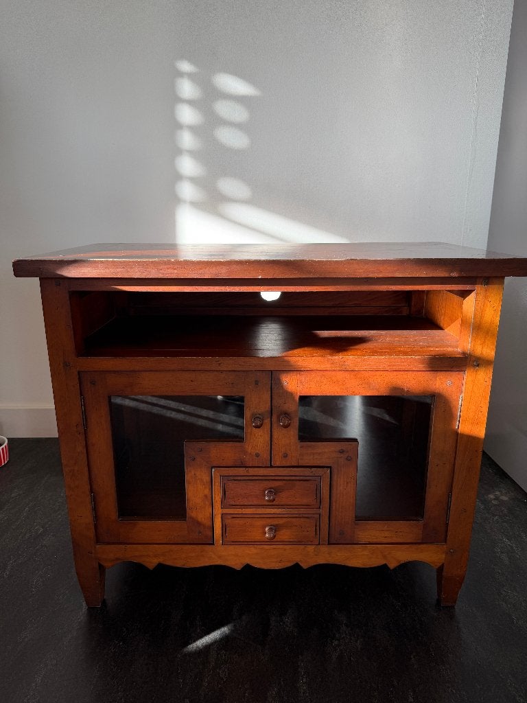 Houten tv-meubel met draaibaar bovenblad en glazen deuren, Ophalen, Gebruikt, 50 tot 100 cm, Minder dan 100 cm