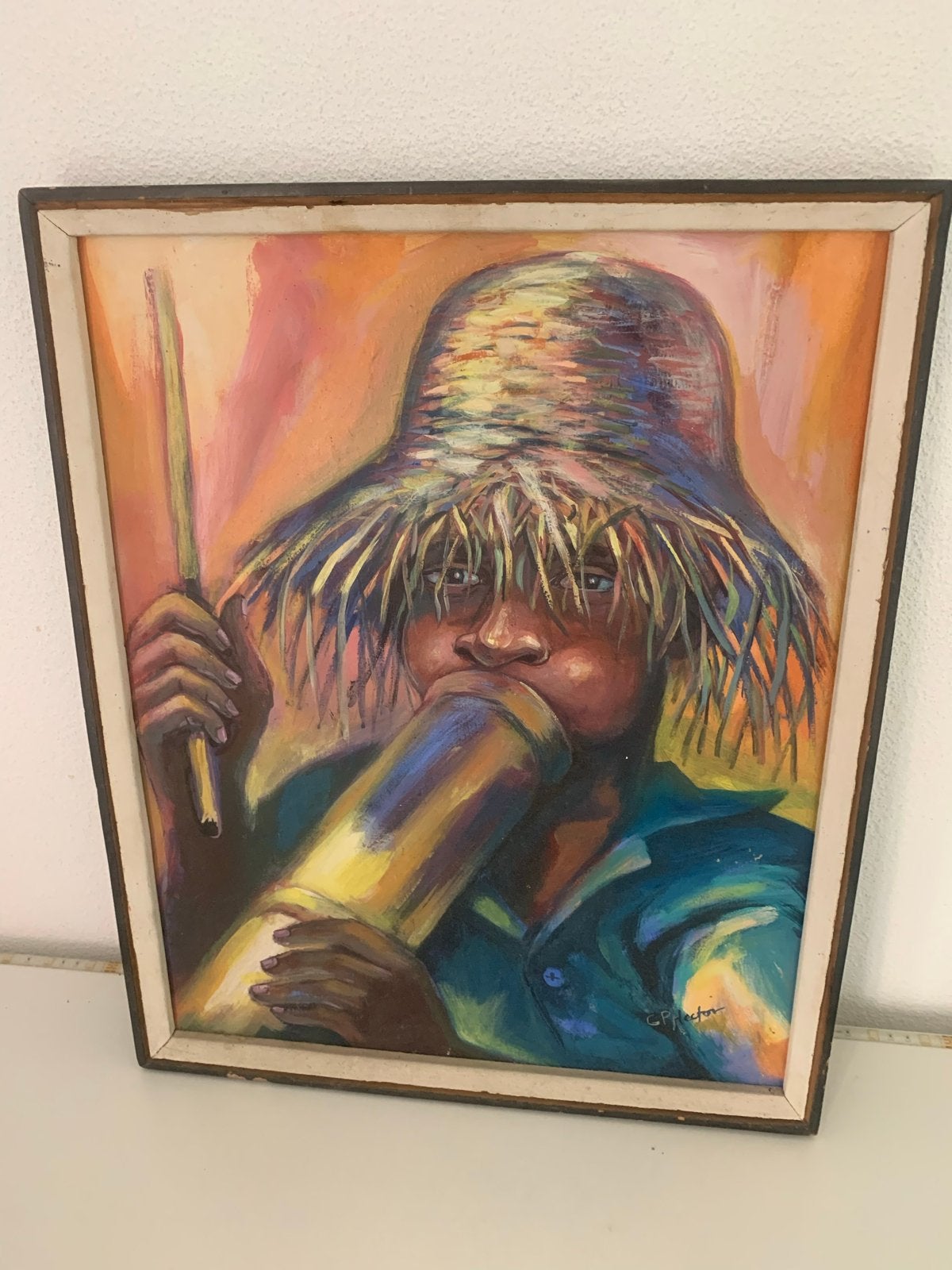 Schilderij G.P. Hector uit Haïti - Jongen met strohoed, Figuren, Ophalen of Verzenden, Textiel, Gesigneerd
