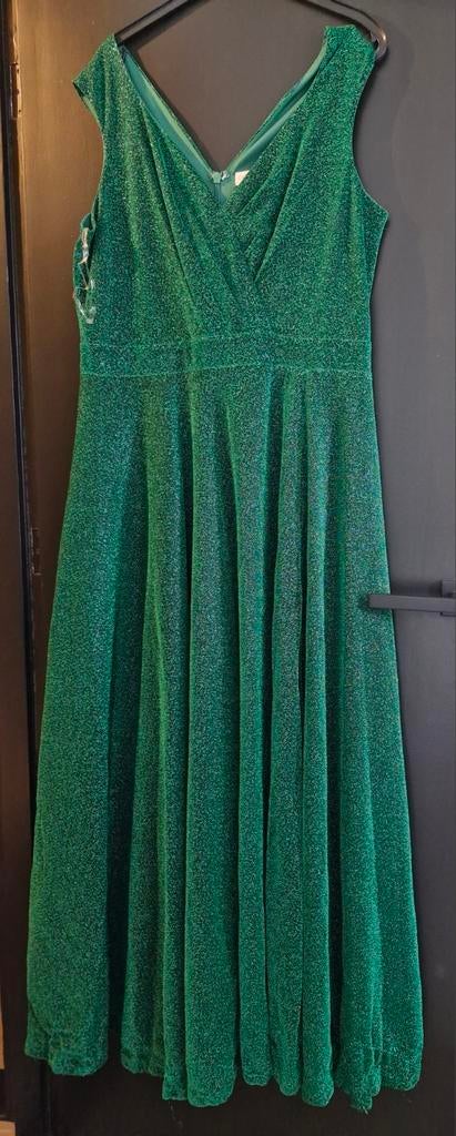 Groene glitterjurk maat 40 met zwarte sjaal, Ophalen, Maat 38/40 (M), Groen