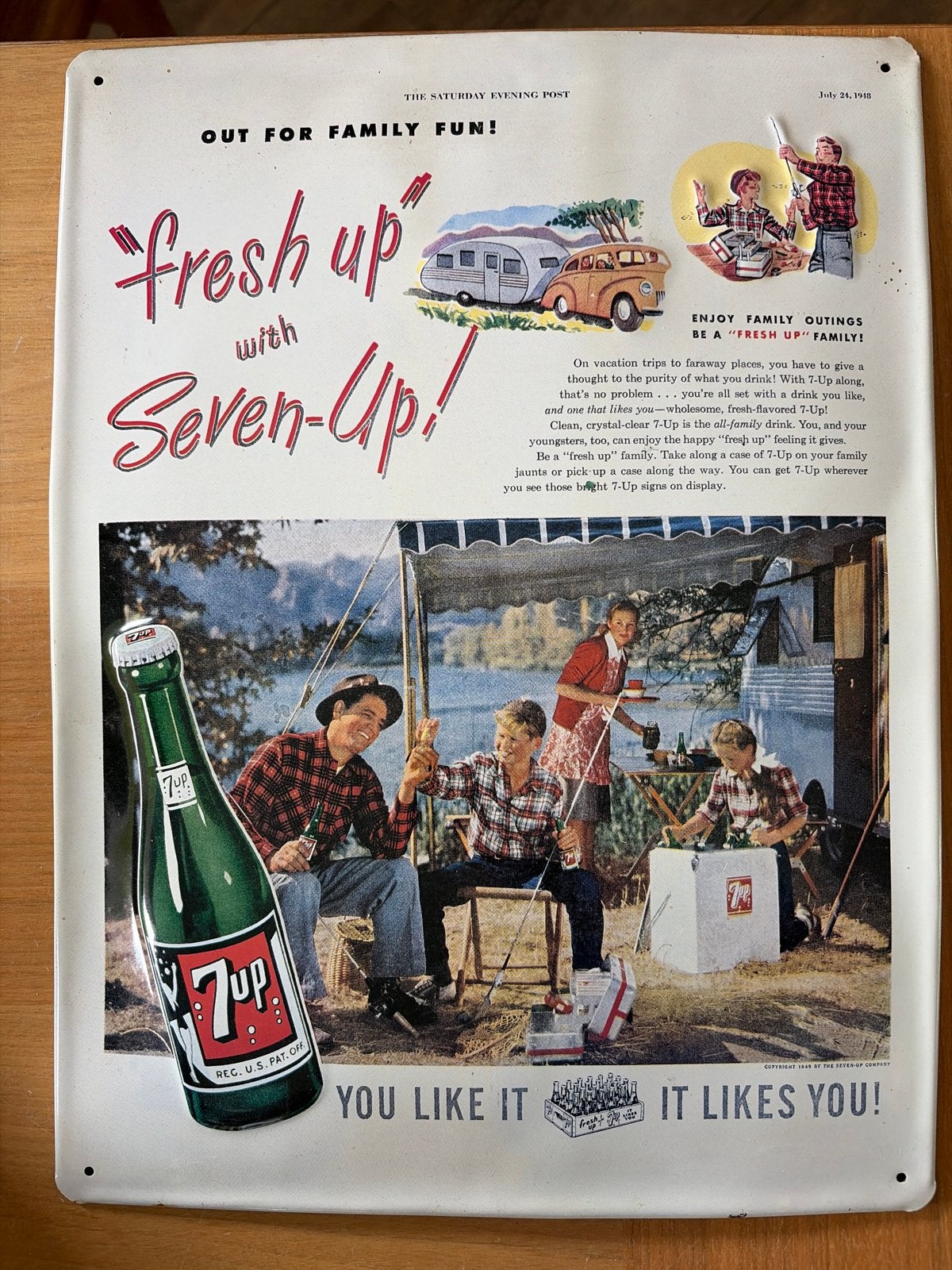 Vintage Seven-Up reclamebord - "fresh up" met Seven-Up!, Ophalen of Verzenden, Gebruikt, Reclamebord