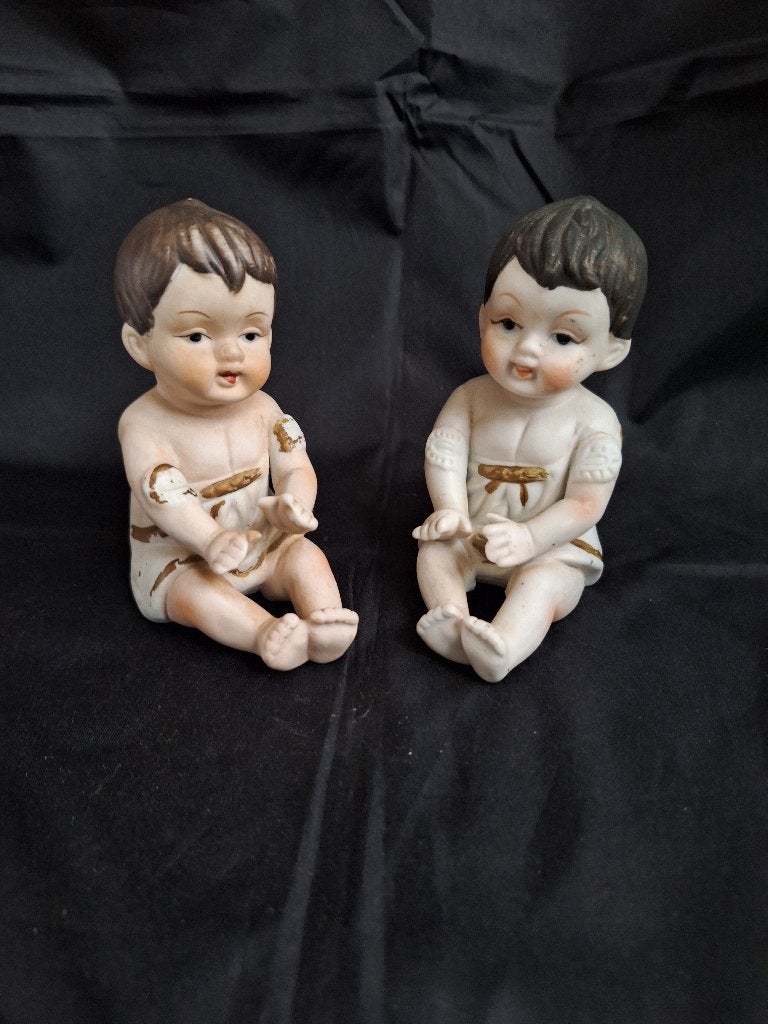 Duo Bisque Piano Baby's Handgeschilderd Porseleinen Beeldjes, Ophalen
