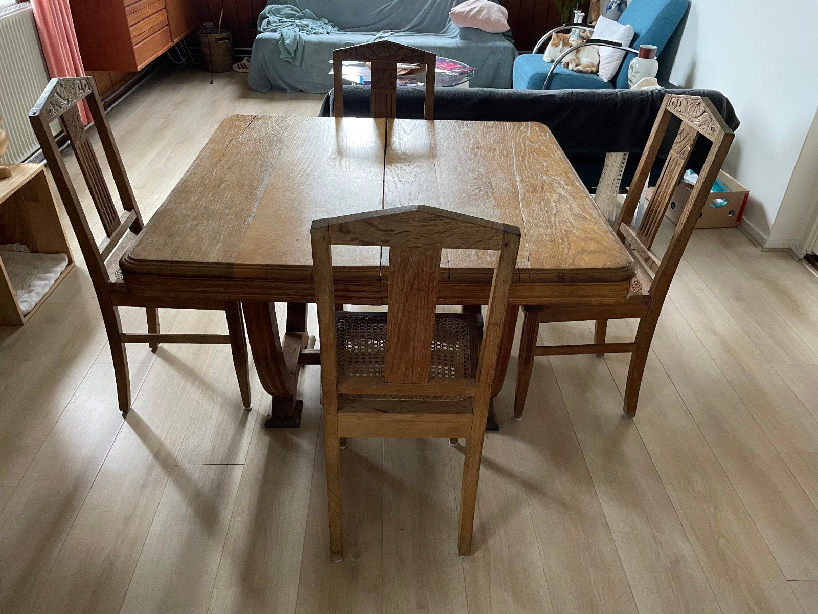 geloogd antieke eiken tafel art deco stijl, Ophalen, Gebruikt, Art deco antiek, 4 tot 6 stoelen