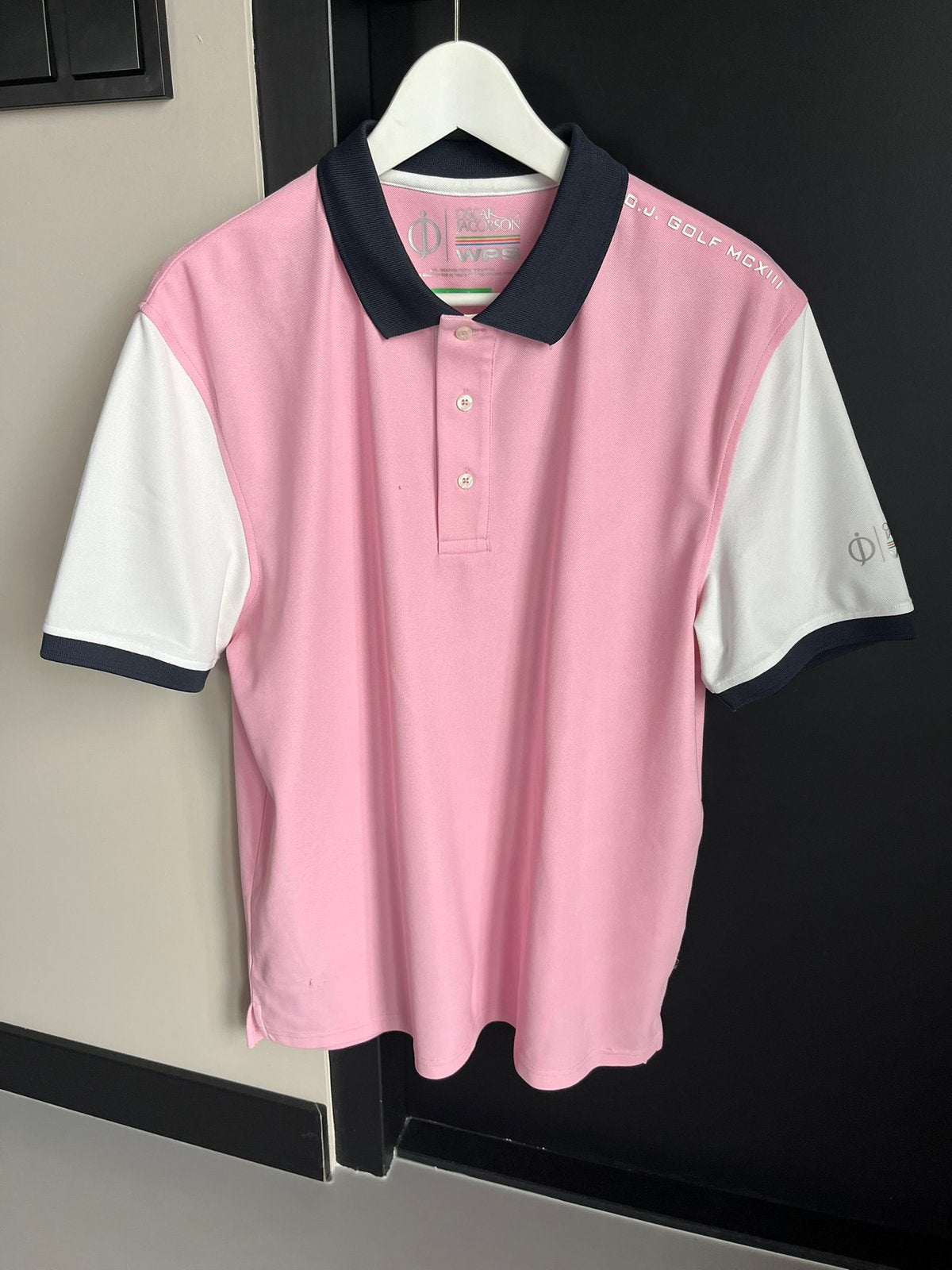 Oscar Jacobsen poloshirt lichtroze, wit, donkerblauw Mt L, Ophalen of Verzenden, Zo goed als nieuw, Maat 52/54 (L), Wit