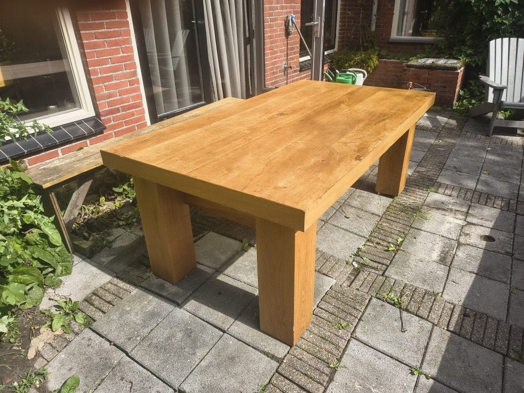 Houten tafel -bureaux- eiken fineer, Ophalen, Gebruikt, 100 tot 150 cm, Eikenhout