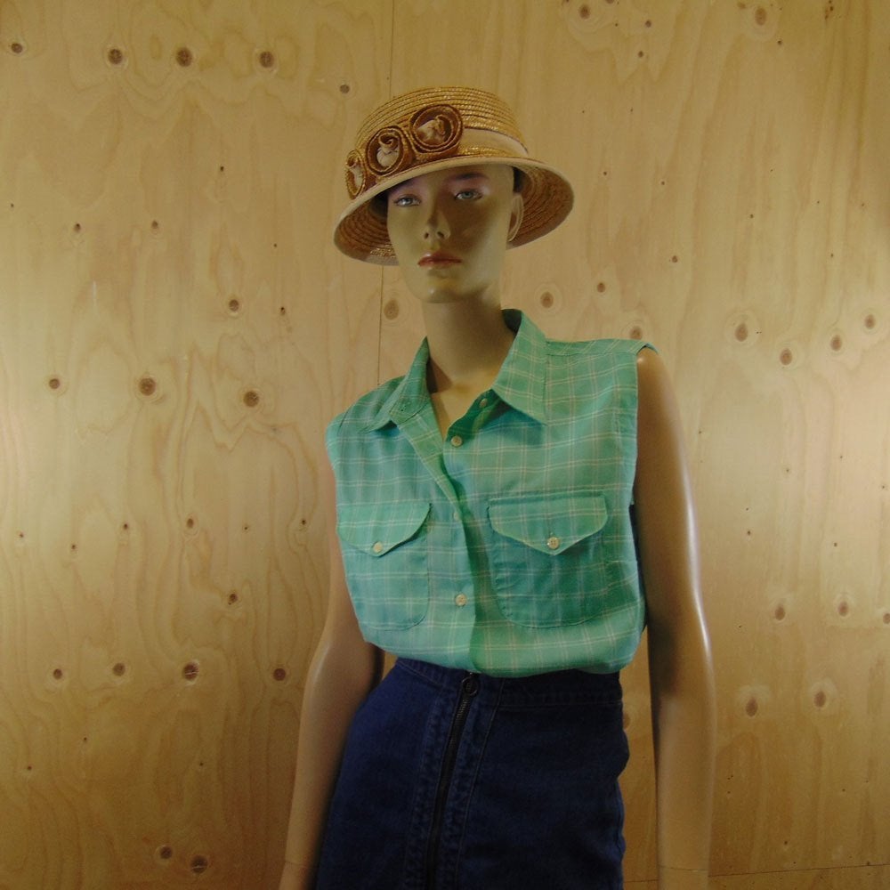 Vintage groen wit geruite mouwloze blouse maat 42, Verzenden, Maat 42/44 (L), Zo goed als nieuw, Vintage